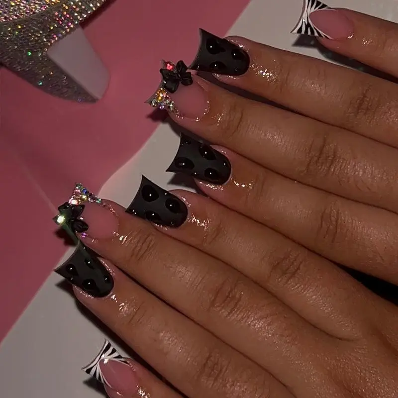 24pcs Ins Spice Girl Press on Nails Sparkling Diamond Bow Decor y2k False Nails Wearable European Duckbill Fake Nail Tips