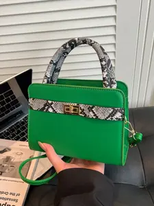 Snake Print Patchwork Bag with Metal Lock Buckle, Handheld Shoulder Commuter Bag, High-End Tote, Snake Print Lock Design, Women's Bag