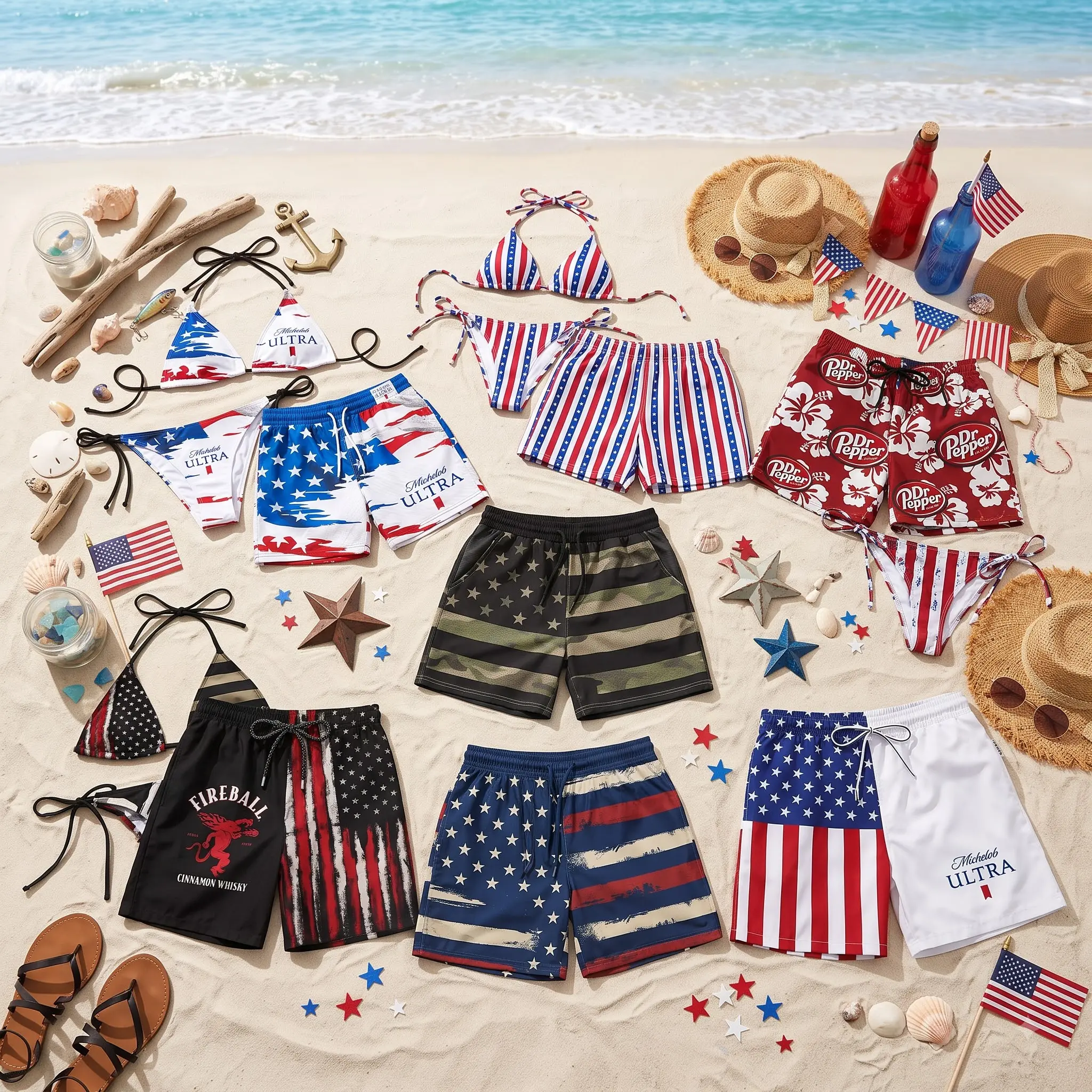 Michelob Ultra Fireball Dr Pepper American Flag Matching Bikini and Hawaiian Shorts Set, Patriotic Beer Soda Graphic String Bikini for Women and Quick Dry Swim Trunks for Men, Couple Beach Pool Vacation Outfit