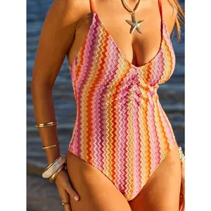 2026 New Women’s Boho Festival Zigzag One-Piece Swimsuit Ruched Front Tummy Control Bathing Suit with Matching Swim Bag Trendy Summer Beach Vacation Pool Party TikTokShop