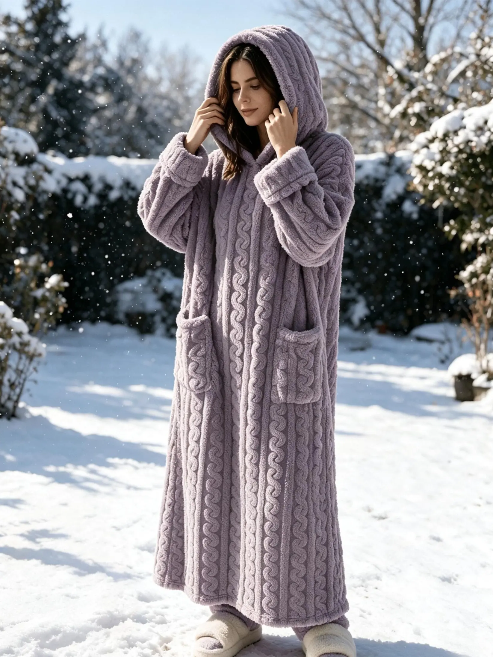 Women’s tie-dye purple cable-knit hooded robe, thick flannel long loose plush home dressing gown for autumn/winter, plus-size sleep dress