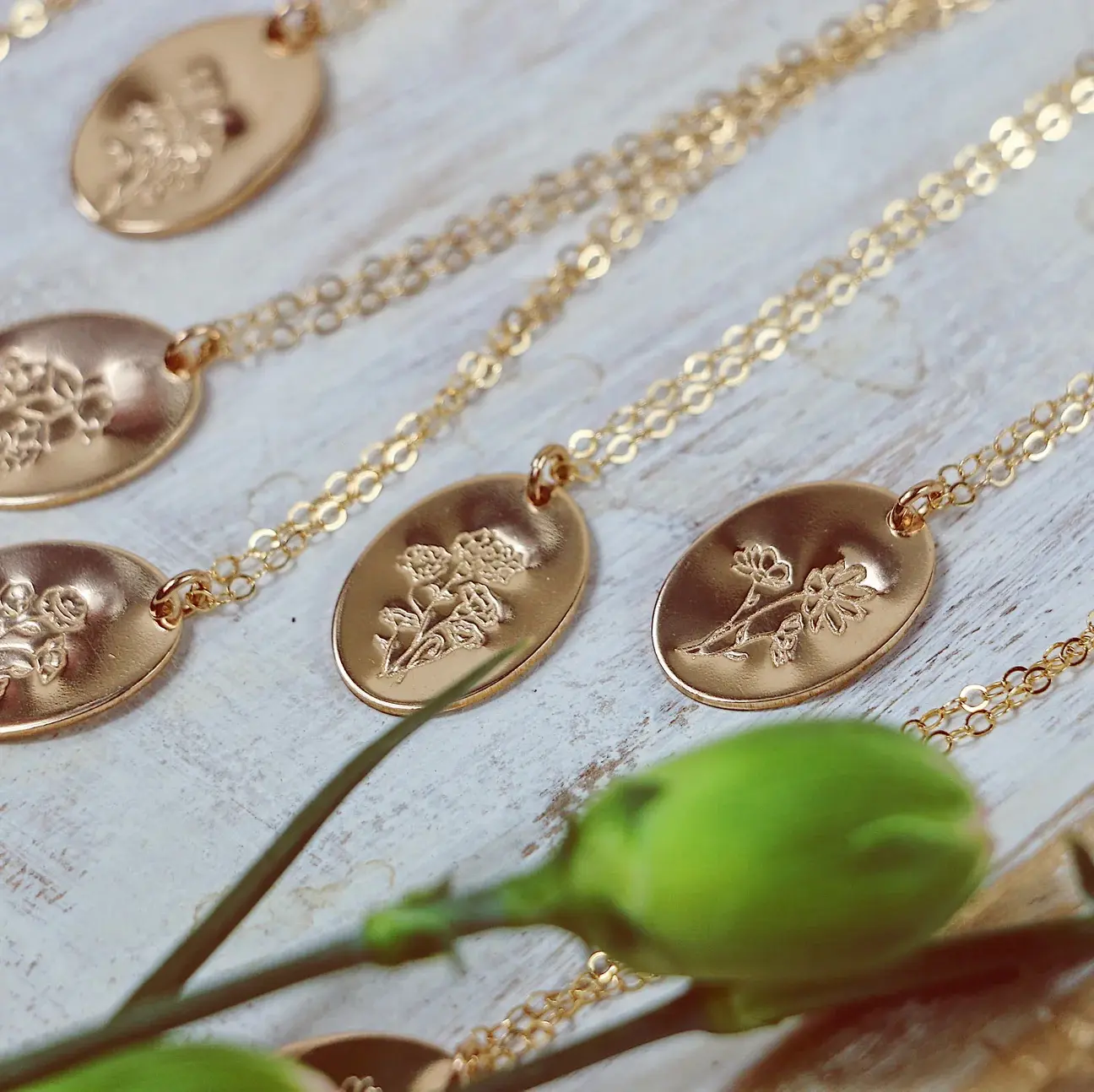Birth Flowers Oval Disc Necklace | Hand-stamped Personalized Necklace