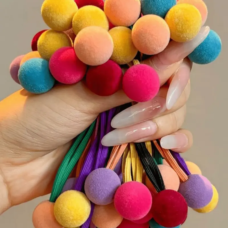 10pcs/Pack Colorful Pom Pom Elastic Hair Scrunchies, Elastic Band Scrunchies, Flocked Candy Color, Non-Damaging, Sturdy For Everyday Use, Autumn/Winter Hair Ties, No Damage Hair Ties, Hair Accessories Set, Elastic Hair Accessory