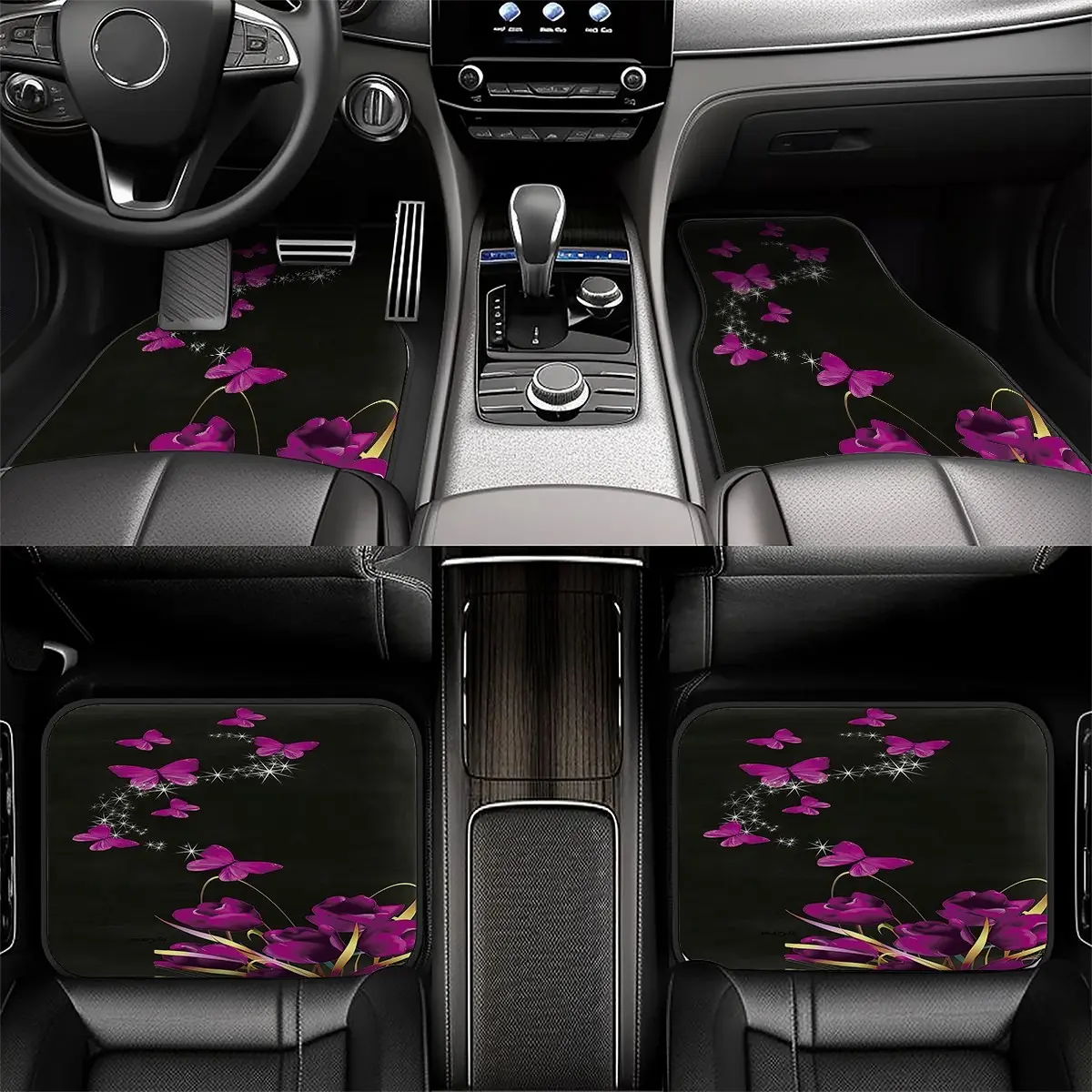 4-Piece Romantic Girl Style Car Floor Mats, Butterfly Tulip Pattern, Universal Fit, Easy Clean, Comfortable & Protective, Girly Car Accessories