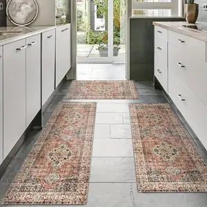 Kitchen Mat Set of 2/3 Pieces, Everyday Use Soft Non-Slip Mats in Bohemian Style, Kitchen Area Rug, Boho Runner Rug, Durable and Stylish Home Decor for Kitchen, Living Room and Bathroom