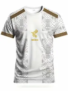 Men's Mexican Football Shirt, Sports Jersey, Stylish Jersey, Eagle Round Neck Comfortable Breathable Top, Face Statue Print, Sports Wear for Training & Casual Use