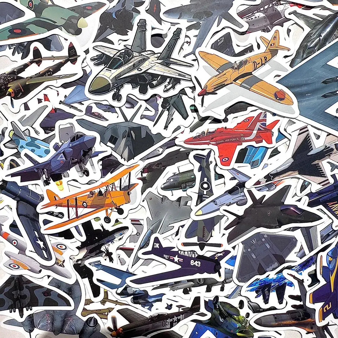 50-Piece Military Aircraft Vinyl Sticker Pack - Fighter Jet Warplane Meme Stickers for DIY Scrapbooking & Stamping