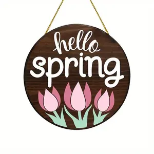 Vintage Floral Wooden Spring Welcome Sign, Round Rustic Wood Hanging Plaque with Tulips, Easy Wall Mount Home Decoration for Garden Home Festivals