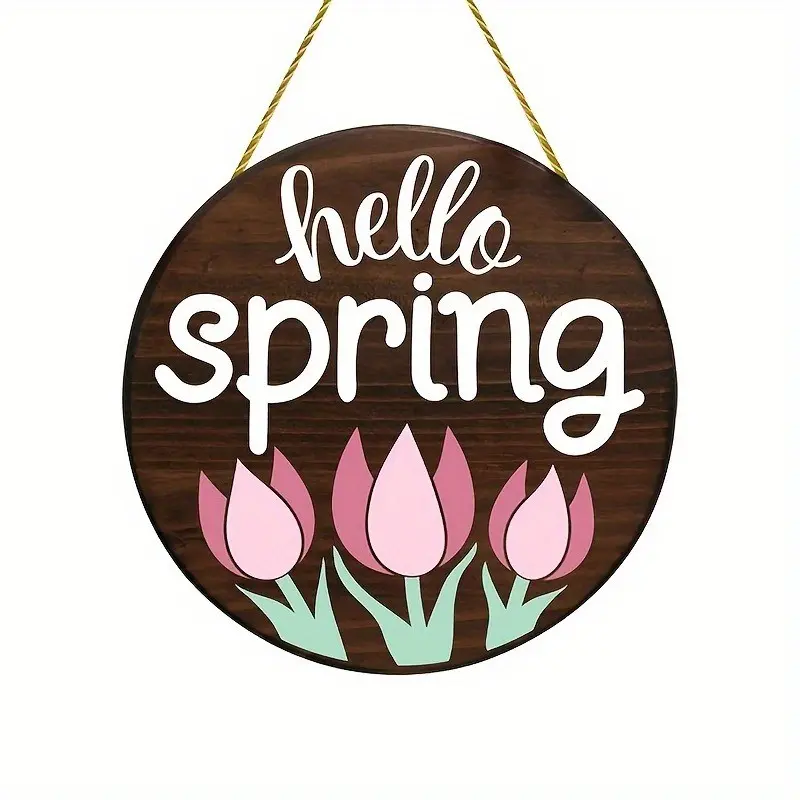 Vintage Floral Wooden Spring Welcome Sign, Round Rustic Wood Hanging Plaque with Tulips, Easy Wall Mount Home Decoration for Garden Home Festivals