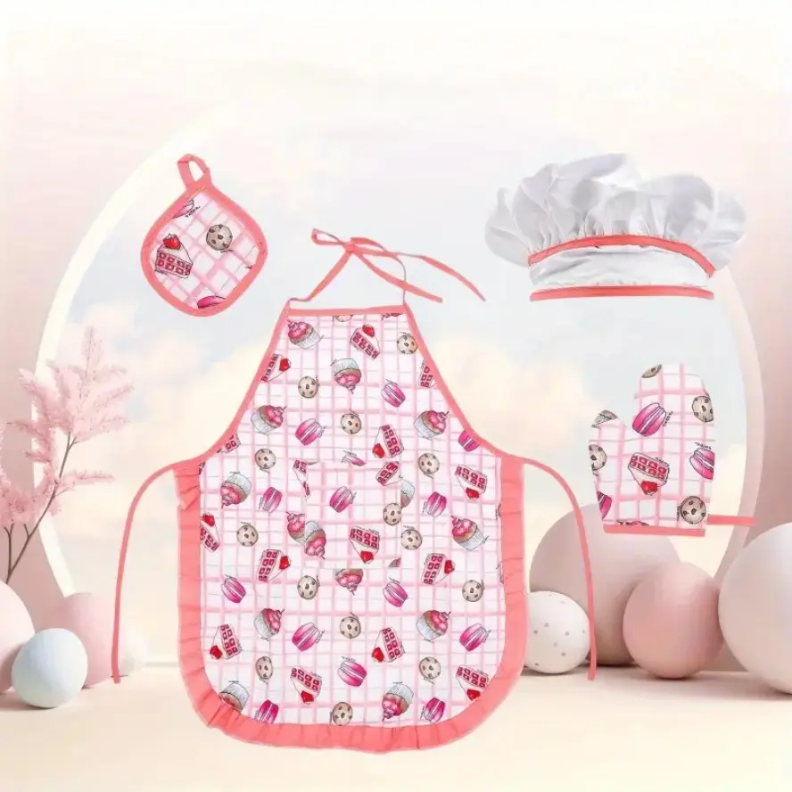 Kids Unisex 4-Piece Apron + Hat Set, Chef Look Role Play Costume, Ideal Birthday Parties Gift for Cooking Enthusiasts, Great for Play Time Fun