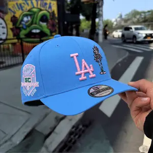 New Era LA Dodgers MLB 9FORTY Cap – Adjustable Sky Blue Cap Pink LA Embroidery, Palm Tree Detail And 50th Anniversary Side Patch