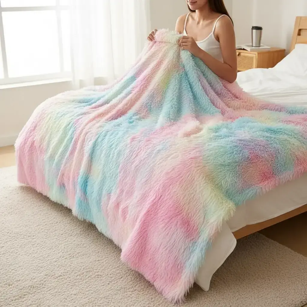 Rainbow Design Double Sided Fluffy Blanket, 1 Count Soft Comfortable Warm Throw, Bedding Supplies for Home Office Travel Camping