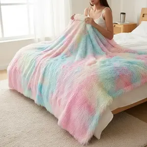 Rainbow Design Double Sided Fluffy Blanket, 1 Count Soft Comfortable Warm Throw, Bedding Supplies for Home Office Travel Camping