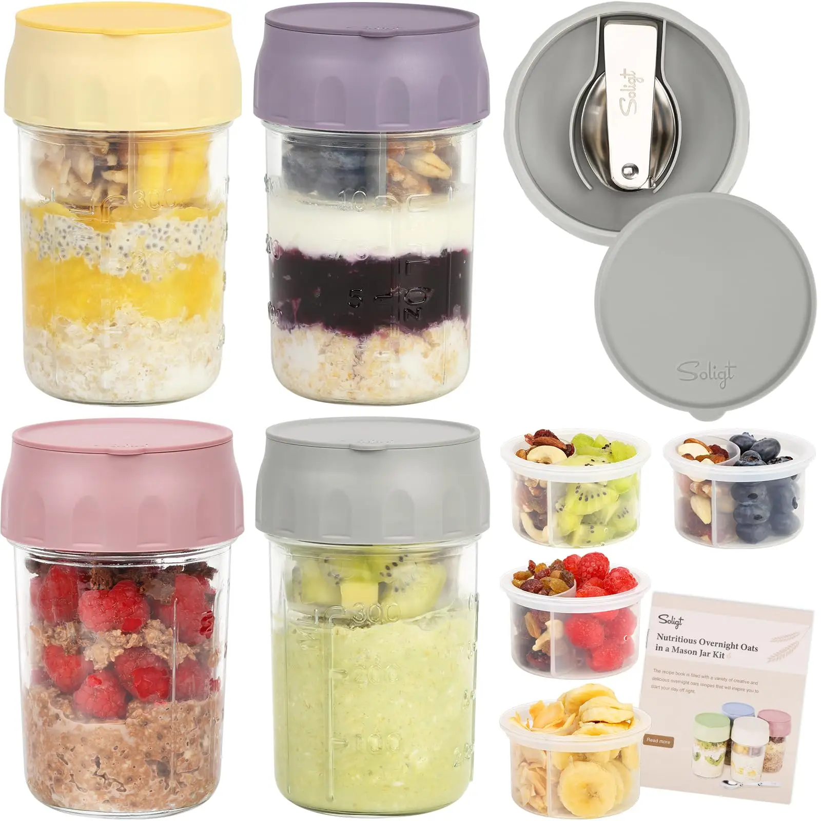 Soligt Overnight Oats Containers with Lids, Folding Spoons, and Divided Compartments for Fruit & Nuts, Small Glass 16oz Mason Jars for Oatmeal Yogurt