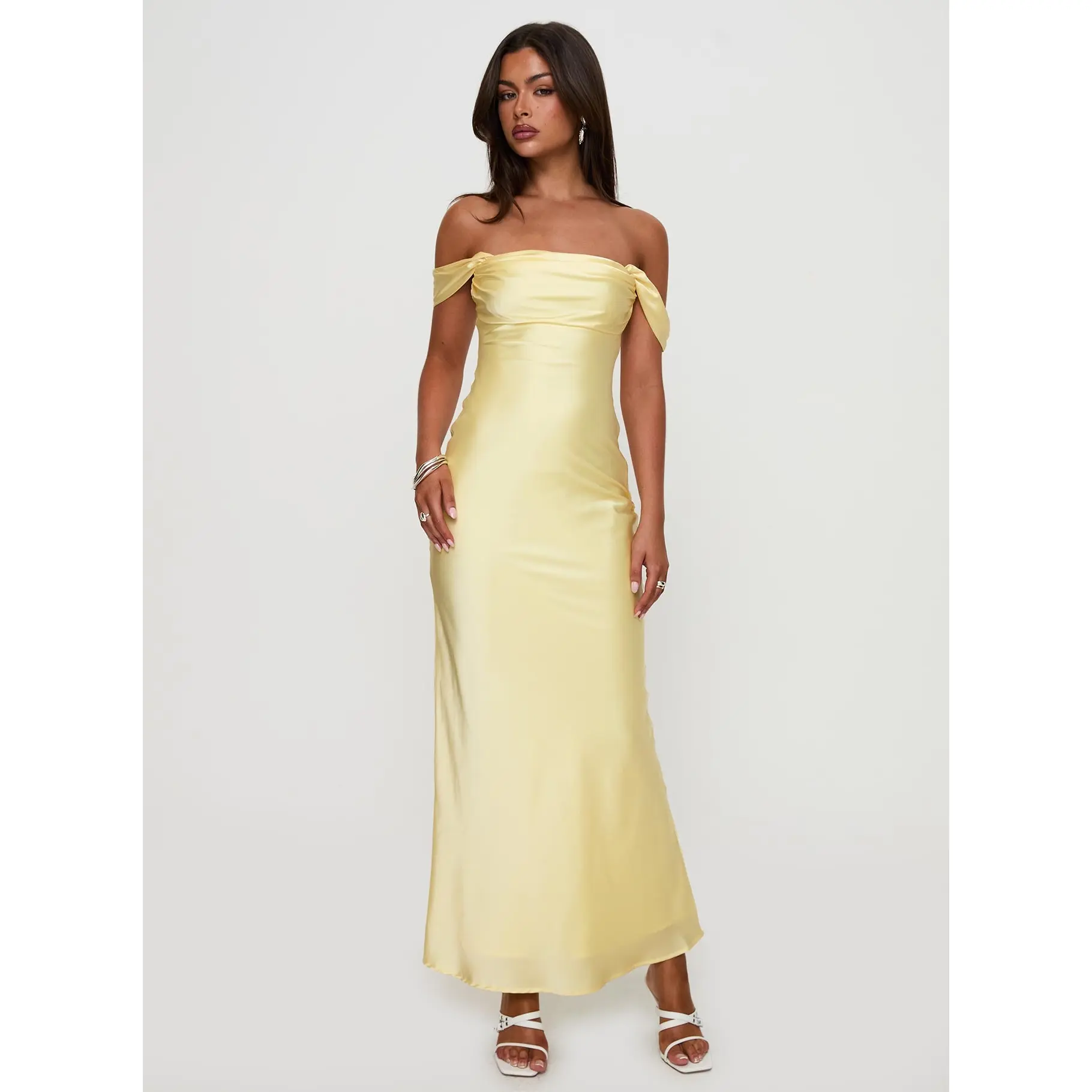 chinese dress ladies Simple Off Shoulder Long Yellow Prom Dresses with Hight Slit, Off Shou –  morievent main image 1