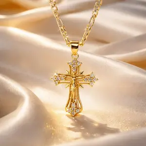 14K gold-plated Jesus cross pendant necklace, elegant and chic, set with sparkling cubic zirconia, adorned with shiny elements, highlighting a graceful Christian religious jewelry style, suitable as a Thanksgiving graduation gift and for daily wear