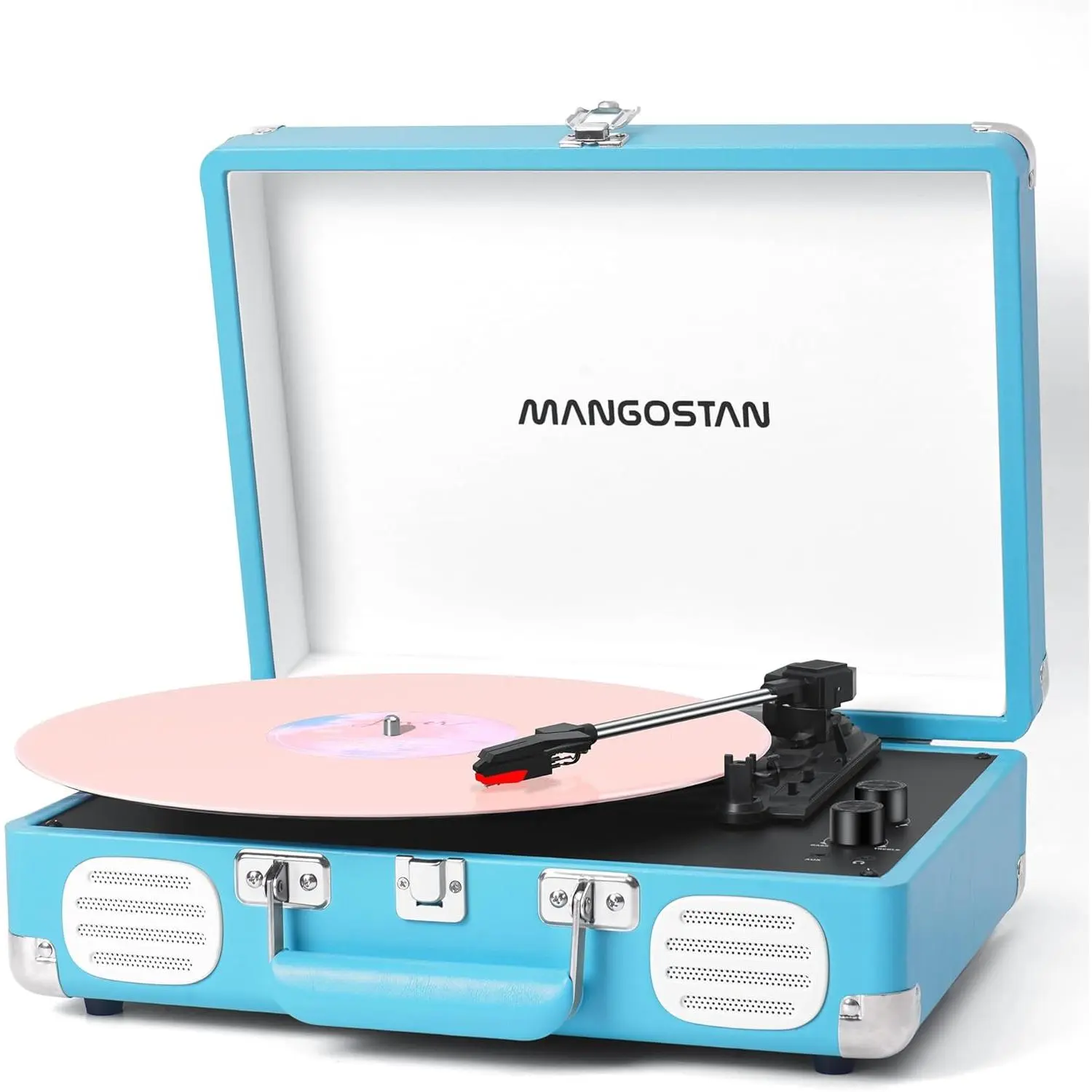 Portable Belt-Driven Wireless 3-Speed Suitcase Turntable for Vinyl Records - Built-in Bass Stereo Speakers, Anti-Skip Function, Bluetooth, AUX Input, RCA Line Out, 3.5mm Jack, Digital Tracks Support, 33 1/3-45-78 rpm Compatibility