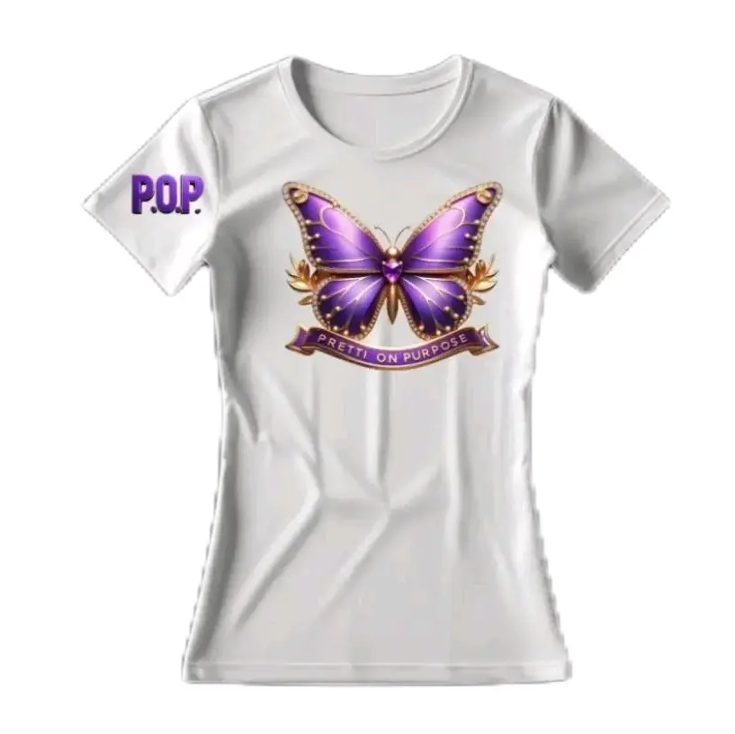 Pretti On Purpose White T-Shirt with Purple Butterfly Design and P.O.P. Logo