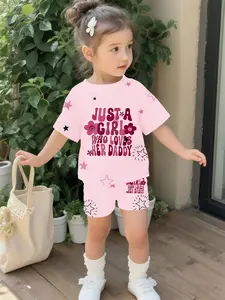 Pink girly style "Love Dad" baby girl's set with digital printing, 100% polyester baby short-sleeve set. A cute casual outfit for baby girls, suitable for daily wear and outdoor sports as a T-shirt. A perfect gift for babies, Baby Clothing