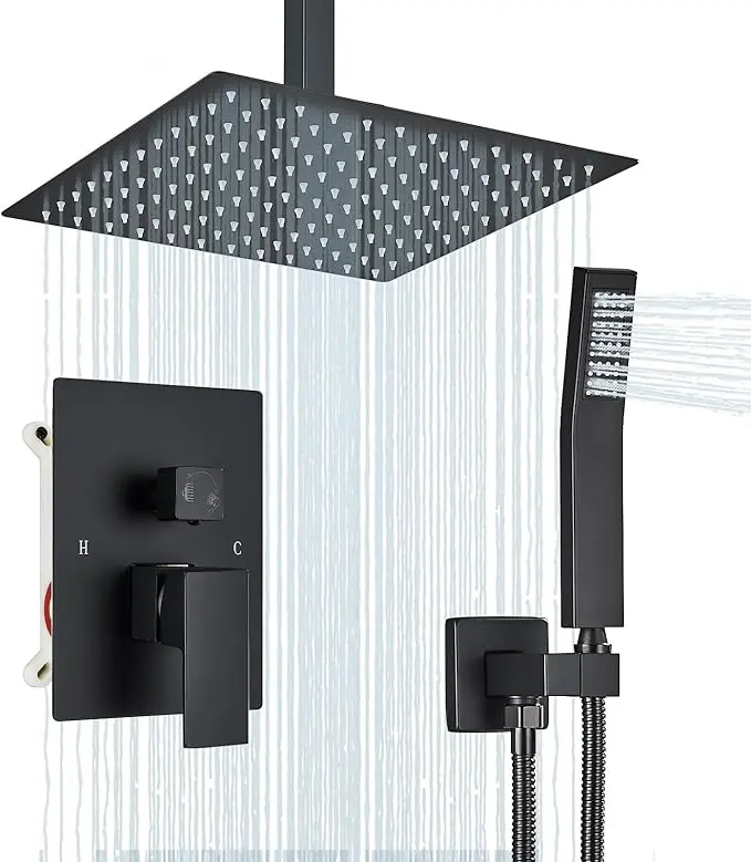 Black Ceiling Mount Shower System with Handheld Spray - High Pressure Rain Shower Head & Faucet, Function Controls, Rough-in Valve & Trim Kit Suitable for Bathroom, Modern Ceiling-Mounted Shower Fixture, 8 INCH/12 INCH/16 INCH