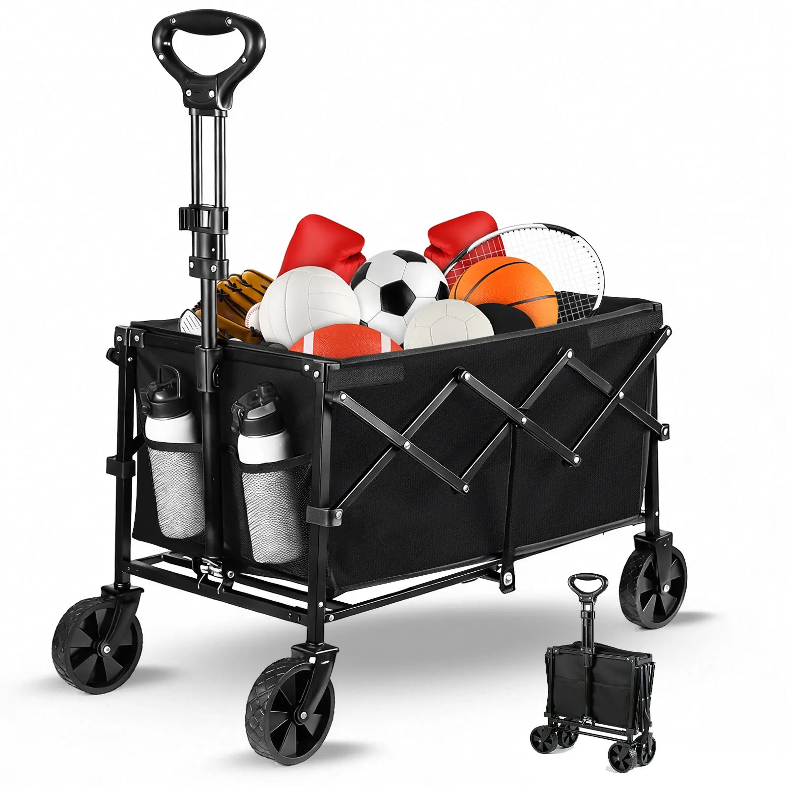 Heavy Duty Foldable Utility Wagon All-Terrain Cart, Collapsible Rolling Trolley with 360° Swivel Wheels & Adjustable Handle for Camping, Grocery Shopping, Beach & Yard, 600D Oxford Fabric, Detachable PU Wheels