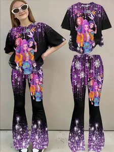 3D Cartoon Girl Group Gradient Matching Set, Glitter Short Sleeve Bell Pants, Sweet Cool Chic Casual Two-Piece