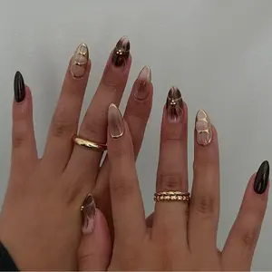24pcs Medium Almond Fake Nails Gold Lines Gold Steel Beads Press on Nails Glossy False Nails Ombre Flower False Nails Brown French Removable Art Nails