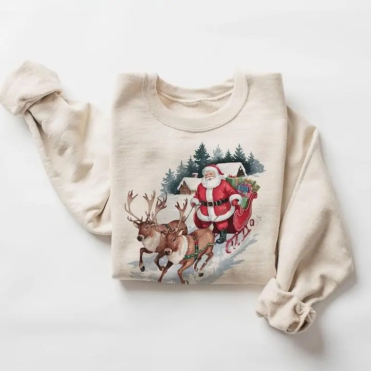 Retro Santa & Reindeer Christmas Winter Cabin Sweatshirt - 90s Santa Claus Sleigh Snowy Forest Outfit - Boho Unisex Crewneck Sweatshirt