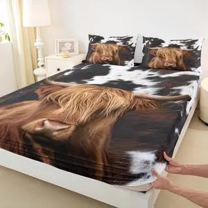 Highland Cattle Fitted Sheet,Cow Fur Bedding Set for Kids Teens Adult Room Decor,Farmhouse Animals Cowhide Bed Cover Black White Brown Rustic Bed Sheet Set