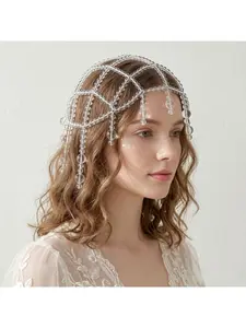 Hand-strung beaded hollow crystal cap forehead ornament with tassels hair chain European and American style bridal crown photography styling headpiece