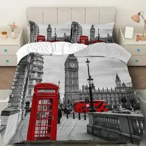 3PCS Duvet Cover Set, 1 Duvet+2 Pillowcases(Without filler), London Telephone Bus Landmark Travel City theme, Travel Season bedding set, Urban Style Decoration Suitable for bedroom, guest room, living room, dormitory.