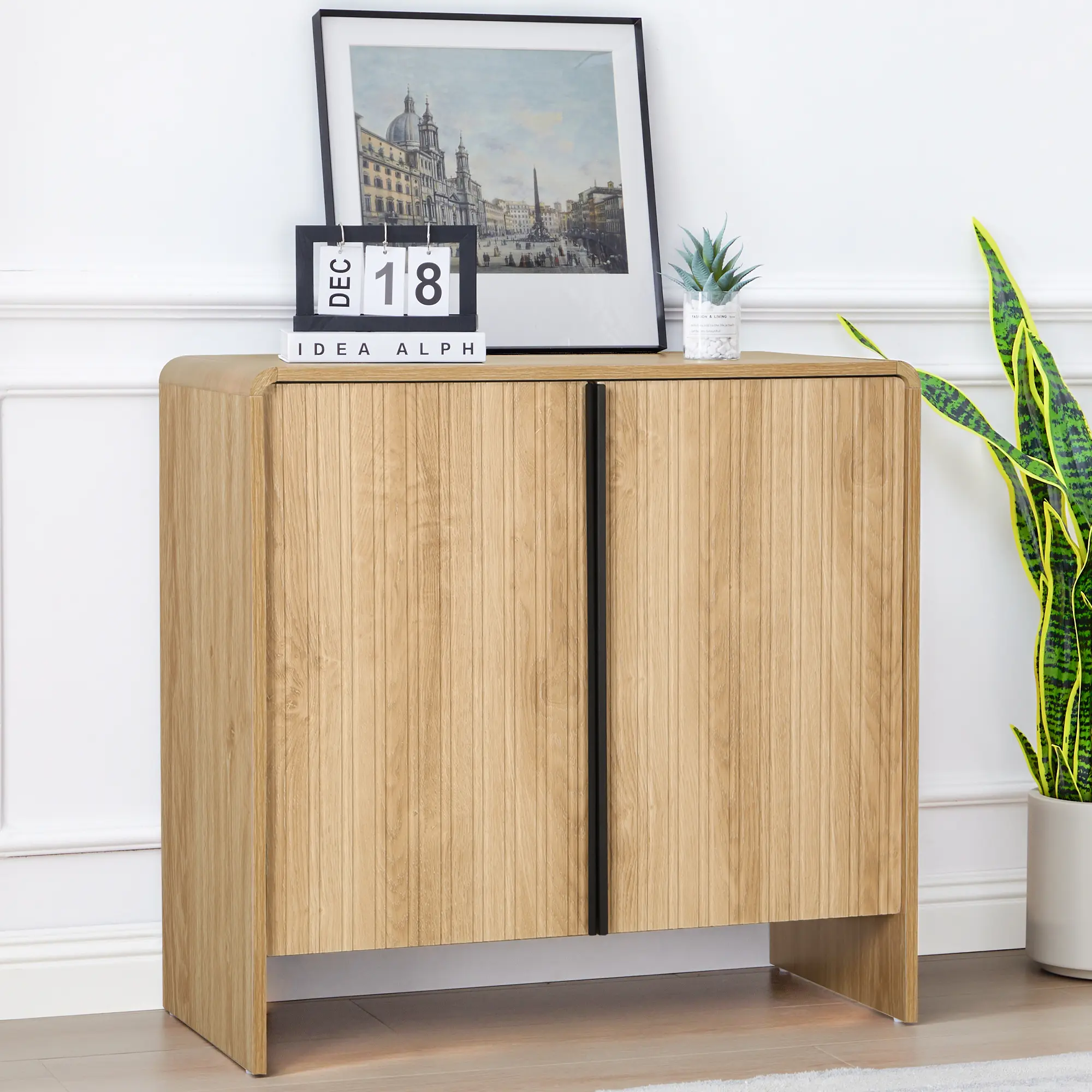 FurSch Mid-Century Modern Sideboard Buffet, Grooved Edge Console Cabinet with Storage, Double Door Cabinet, Curved Edges, Adjustable Shelves, Decorative Storage for Living Room, Kitchen, Entryway