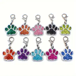 10pcs Glittery Paw Shaped Dog ID Tags - Durable Zinc Alloy, Personalized Pet Name Charms with Lobster Clip - Complete Set for Dog Collars and Accessories
