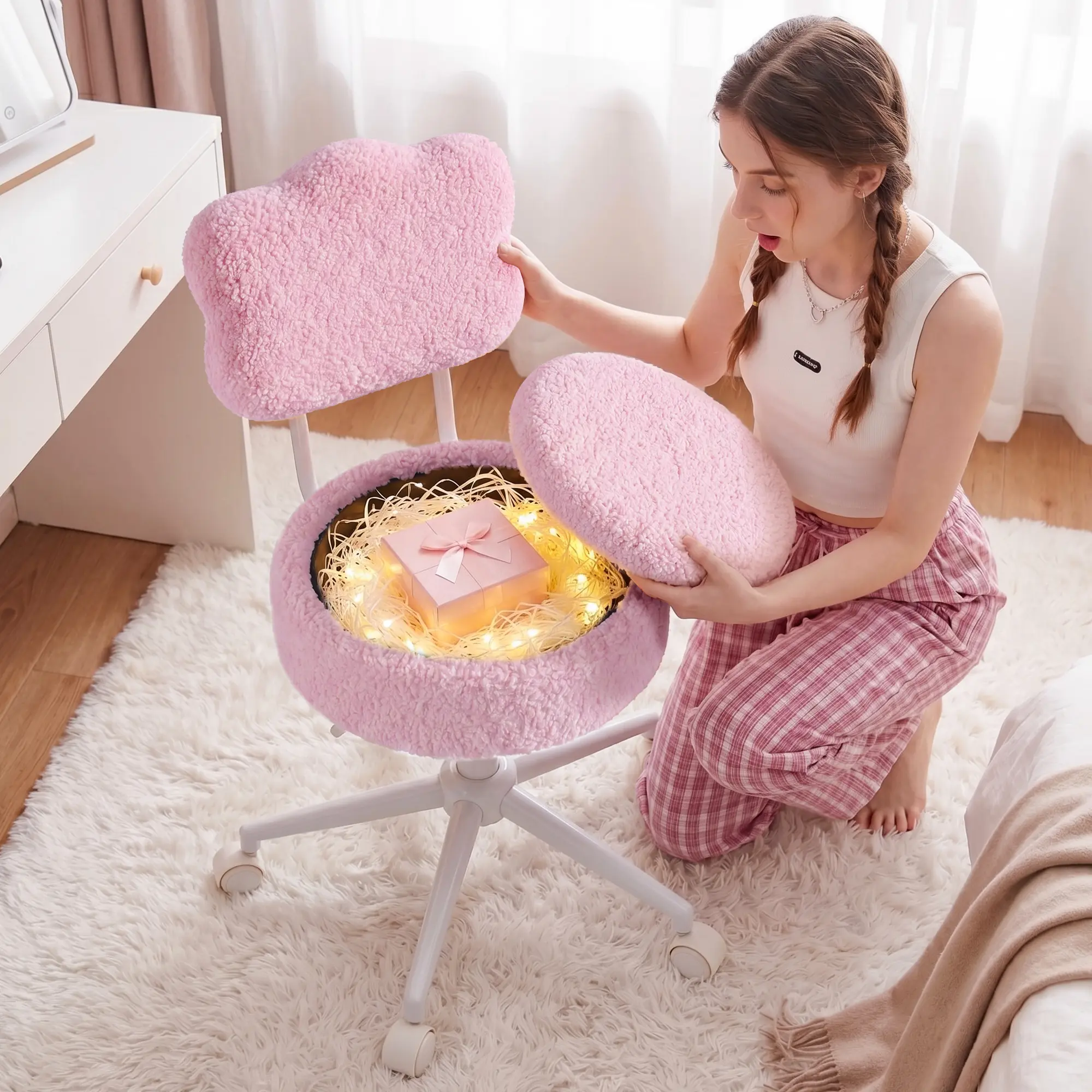 Raybee Vanity Chair with Storage, Lamb Fleece Makeup Chair with Wheels & 360° Swivel, Height Adjustable, 300 lbs, Cute Desk Chair for Bedroom Dorm & Home Office