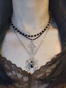 Women's Punk Style Spider Cross Pendant Necklace Set, Vintage Dark Gothic Design, Beaded Chain Jewelry for Parties