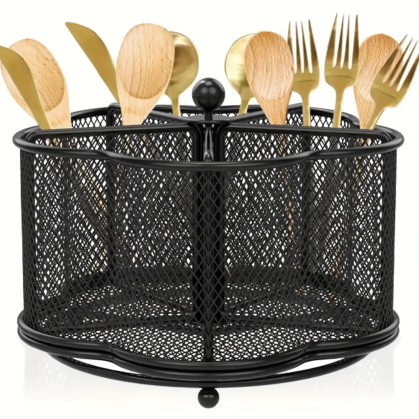 Black Metal Kitchen Utensil & Knife Rack - 1pc, 360°Rotatable, 5-Compartment Table Organizer for Storage