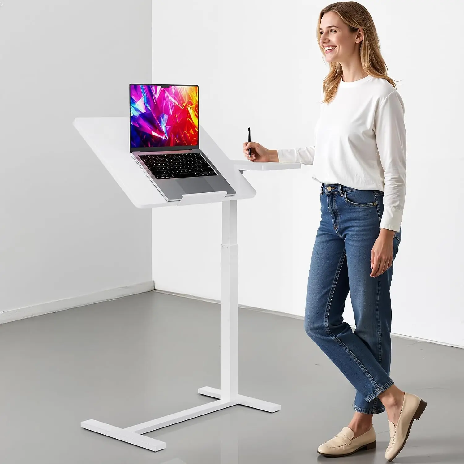 Cathys Picks Overbed Bedside Table with Hidden Casters, Height Adjustable Desk with Tilting Top, Mobile Rolling Laptop Desk, Standing Rolling Desk Hospital Home Use, White