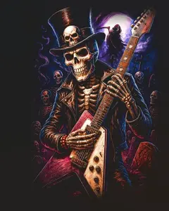 Halftone Skull Guitarist Design for Black Fabric Ready to Press Heat Transfer DTF Transfer Direct to Film