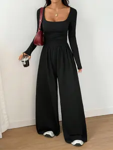 Women's Spring Autumn Solid Color Knit Round Neck Casual Jumpsuit Overalls, Fashion Simple Basic Versatile Wide Leg Long Pants, Fitted Style All Seasons Womenswear