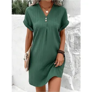 2026 Summer New V-neck Solid Color Pullover Casual Button Dress