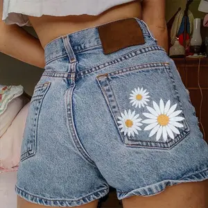 Women’s Floral Embroidered Denim Shorts, High Waisted Y2K Jean Shorts, Vintage Washed Summer Streetwear Shorts