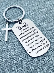 Stylish Stainless Steel Keychain - Cross and Bible Verse Proverbs 3:5-6 Engraved - Durable Fashion Accessory for Men and Women