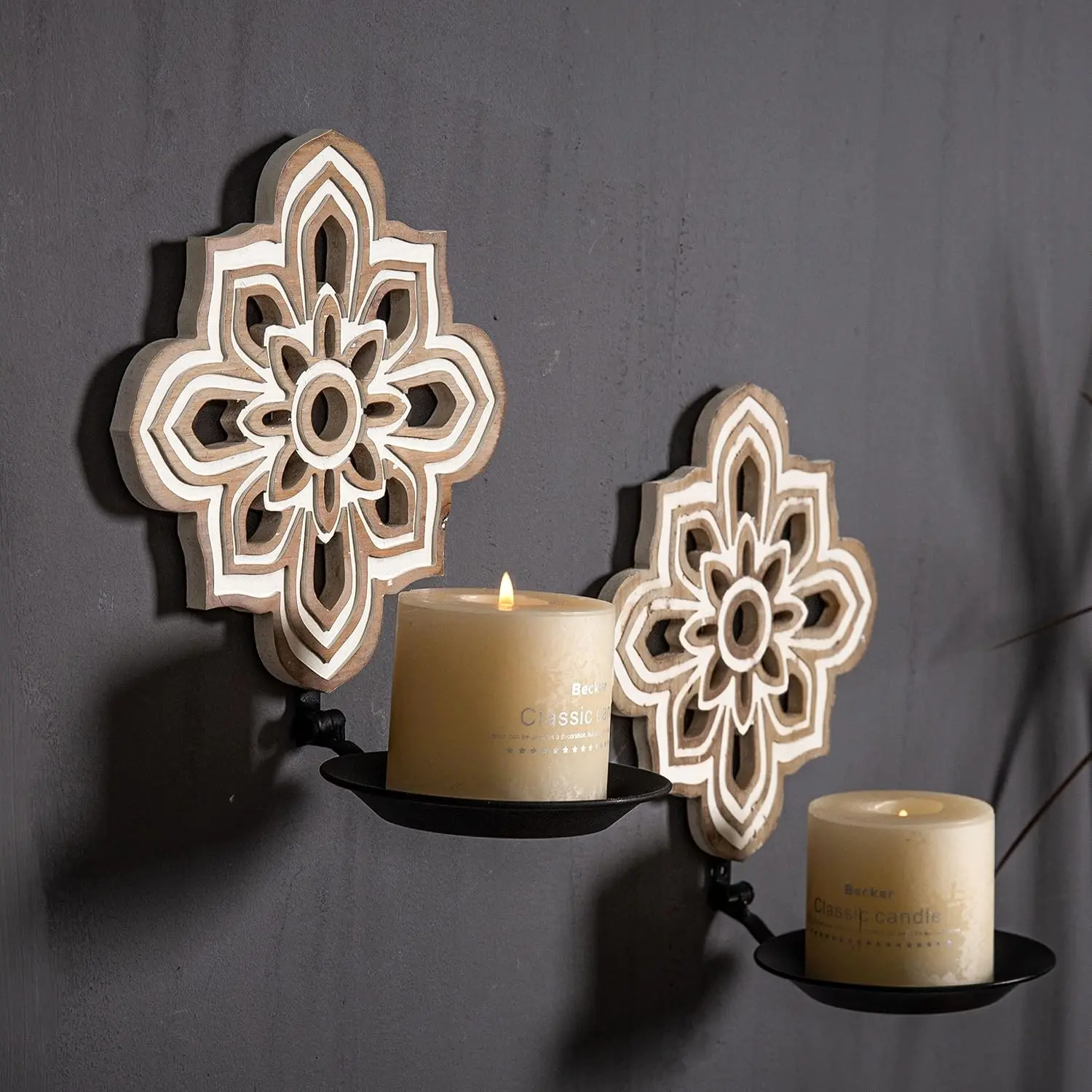 Openwork Carving Candle Sconces Set of 2 - Farmhouse Rustic Wall Decor, Wooden Sunflower Candle Holder, Decorative Hanging Art for Living Room, Bedroom, Porch, Entrance