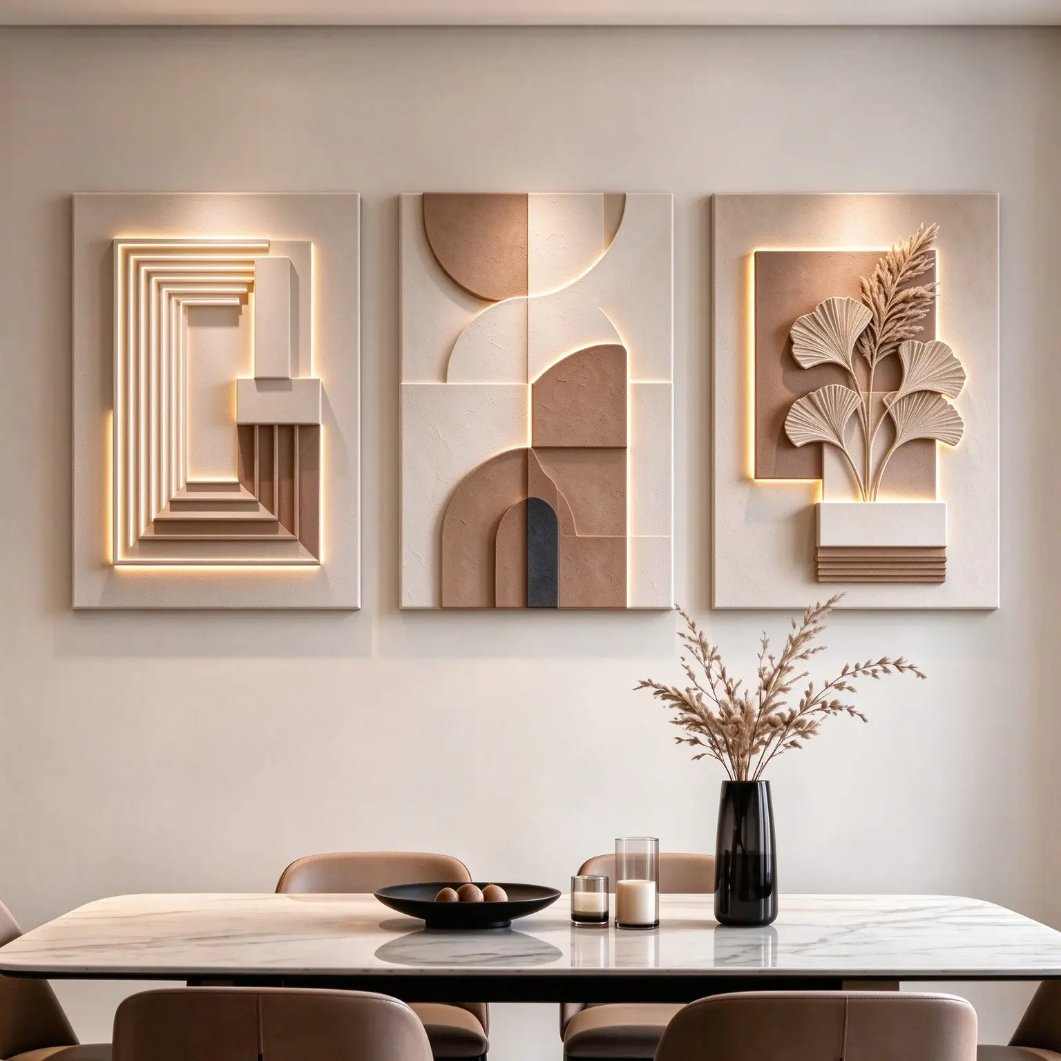 3 Piece Wooden-Framed Canvas Wall Art Set, Wabi-Sabi Geometric Abstract & Ginkgo Leaf Botanical Prints, Simulated Glowing Light Textured Effect, Waterproof Modern Wall Decor for Living Room, Bedroom, Ideal Housewarming Gift, Abstract Art Design
