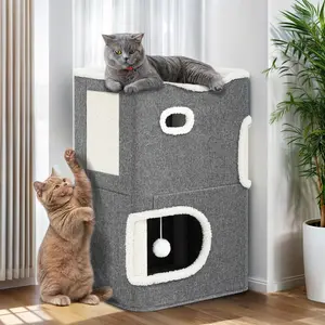 YIATHOME 2 Storey Cat House, Cat Beds for Indoor Cats, Small Cat Condo with Scratch Post and Hideaway Cave, Cat Cube Playhouse for Multi Kittens, Grey