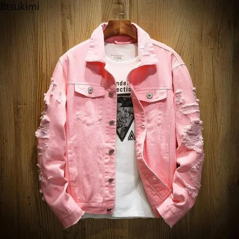 2025 New Men's Casual Denim Jacket - Solid Cotton Tops for Spring & Autumn, Menswear with Ripped Holes, Available in Red, White, Black, Pink