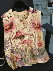 Women's Fairy Tale Mushroom Floral Print Sweater Vest, Round Neck Hollow Out Sleeveless Knit Top, Casual Breathable Clothing