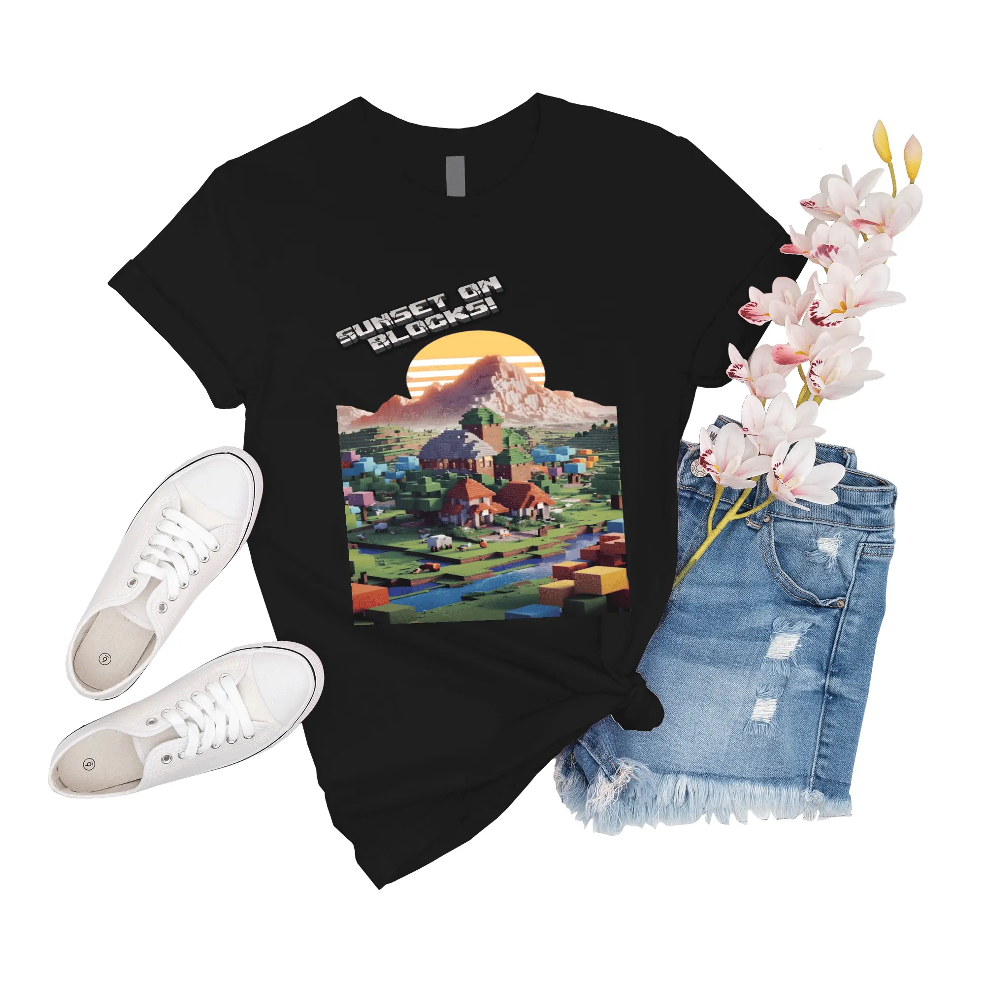 T-Shirt Unisex Minecraft Shaders Sunset On Blocks Sleeve Women Shirt Event Boy Girl Gift For Men Big Novelty Tee Friend
