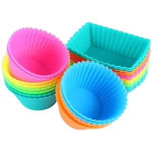 IPOW 24 Pack Silicone Cupcake Baking Cups 2 Shapes Round Rectangle Reusable Food-Grade BPA Free Non-Stick Muffin Liners Molds Sets Disposable Kitchen Flexible Rectangular