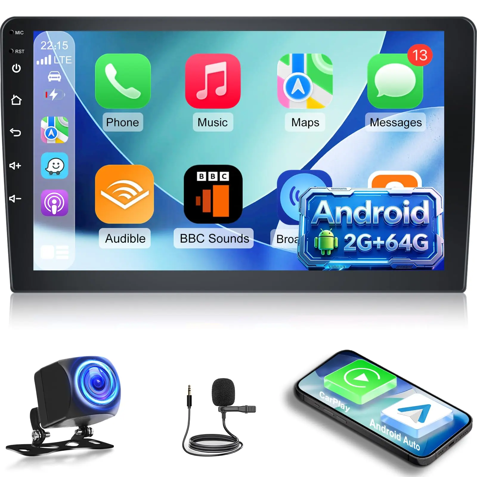 HIKITY 10.1-Inch Double Din Android Car Player [2G+64G] HD Double Din Touchscreen Radio with Wireless/Wired CarPlay, Android Auto, Mirror Link, 1080P, EQ, WiFi, SWC, Bluetooth, Backup Camera (Supports Russian, Spanish, Korean, Father's Day Gift), Italian,